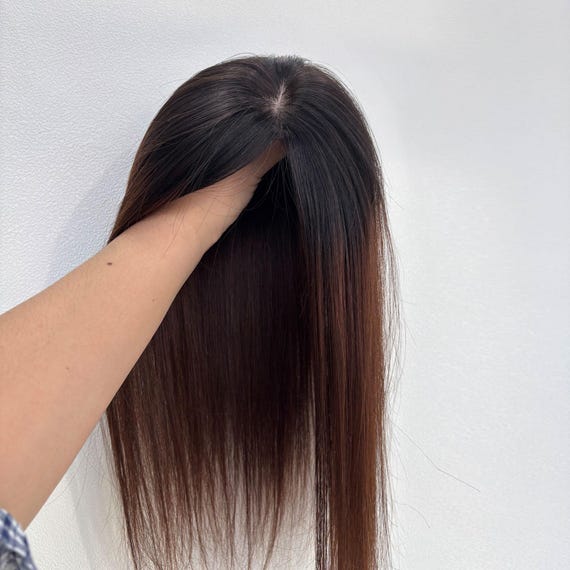 Ombre Brown Human Hair Topper: 4.7"x5" Full Silk Base, 5 Clips Large Coverage