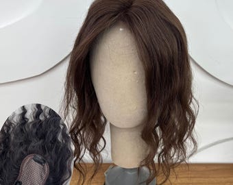 Ultra-HD Lace Curly Human Hair Topper, 8x11cm Invisible Lace Fringe,3-Clips（Black/Brown）