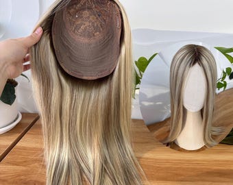 8×8 Virgin Human Hair Topper Rooted Honey Balayage Blonde Free Part 4×4 Silk Base