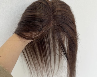 Topper de cabello humano con encaje ultrafino, flequillo invisible de 8 x 11 cm, 3 clips (negro/marrón)