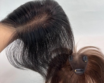 Topper en dentelle suisse pour cheveux humains | 7 x 10 cm 3 clips | Ultra-mince invisible (brun/noir naturel)