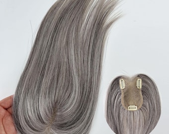 Extensiones de cabello humano con encaje ultrafino, efecto sal y pimienta, 8 x 11 cm, flequillo invisible, 3 clips.