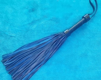 Handmade Sensual Leather Flogger, Medium Weight with light impact play 80+ Falls Ocean Blue Leather