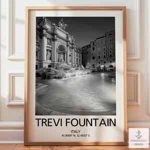May include: Monochrome framed print of the Trevi Fountain in Rome, Italy. The image shows the fountain's architecture and flowing water. The print includes the text "TREVI FOUNTAIN" and coordinates.