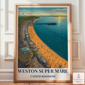 May include: A framed print depicting Weston Super Mare, UK, with a detailed aerial view of the beach and pier. The artwork shows a sandy beach, blue sea, and buildings along the coast. The print includes the text "WESTON SUPER MARE" and "UNITED KINGDOM".