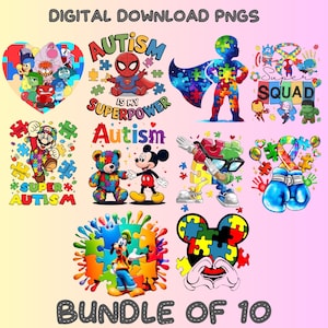 Puede incluir: Un paquete de archivos PNG de descarga digital con diseños coloridos sobre temas de concienciación sobre el autismo. Las imágenes incluyen piezas de rompecabezas, superhéroes, personajes de dibujos animados y el texto "Autism is my superpower". El paquete incluye 10 diseños únicos.