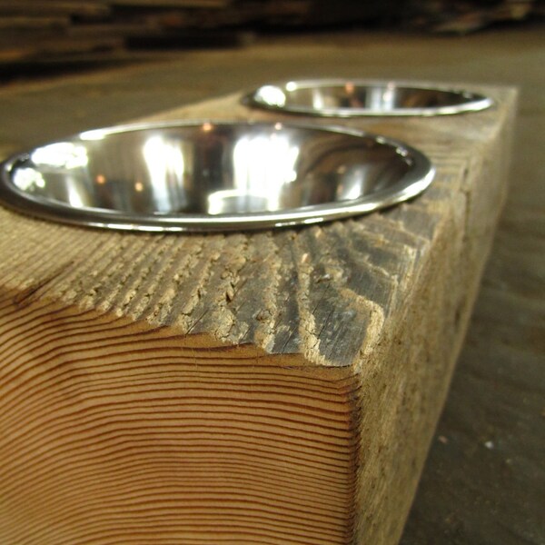 Wood Dog Dish Holder reclaimed beam 2 BOWL SMALL for Susan