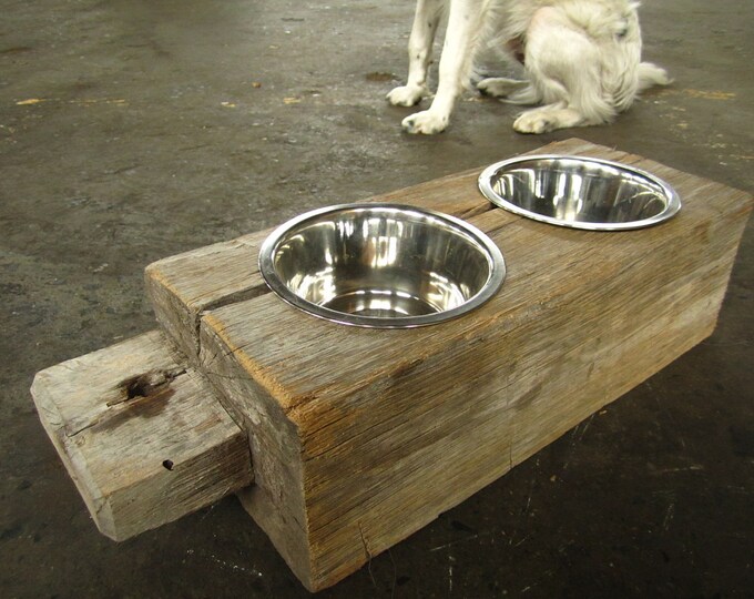 Wood Dog Dish Holder Reclaimed Oak Barn Beam Etsy