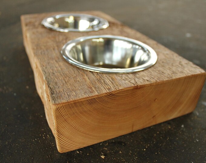 Wood Dog or Cat Dish Holder Reclaimed Hemlock Barn Beam 2 Bowl Etsy