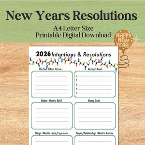 May include: A printable digital download, A4 letter size, titled "New Years Resolutions." The design includes sections for goals, habits, and intentions for 2026, with a festive "Happy New Year!" graphic.