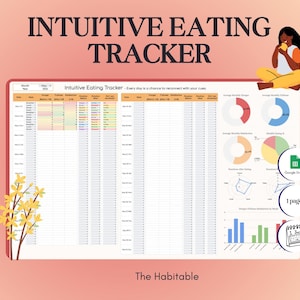 May include: A digital intuitive eating tracker with a spreadsheet layout, charts, and graphs. The title "Intuitive Eating Tracker" is displayed at the top. The image includes the text "Every day is a chance to reconnect with your cues" and "The Habitable".