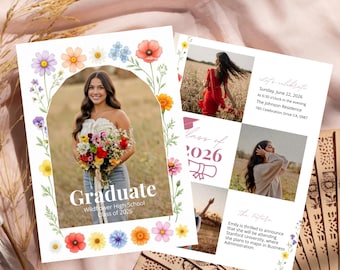 Wildflower Graduation Party Invitation: Boho Floral Photo (Editable Canva Template)