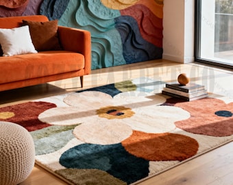 Floral Wool Area Rug, Handmade Retro Home Decor