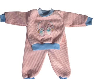 Vintage Style Pink Quilted Knit Bunny Embroidered Baby Sweatshirt and Pants 18Mo