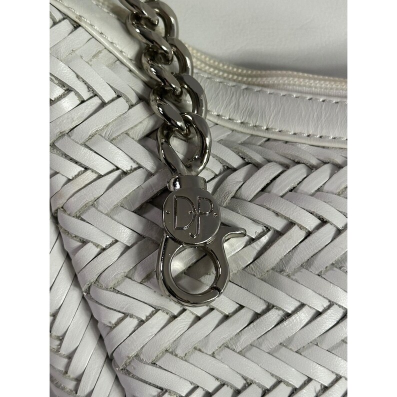 Donald J Pliner White Woven Leather Hobo Shoulder Bag Silver Chain Zip Top image 3