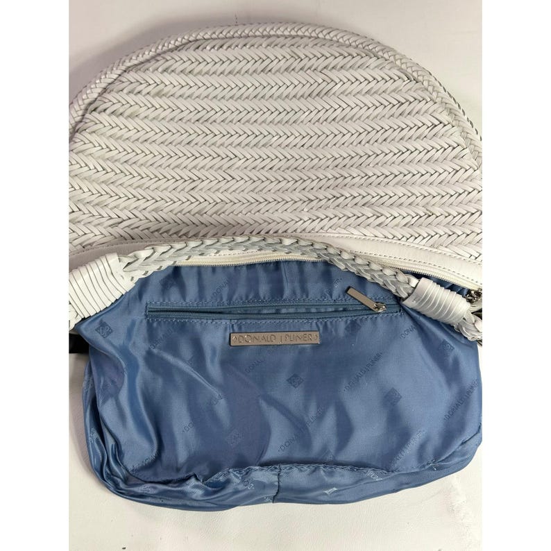 Donald J Pliner White Woven Leather Hobo Shoulder Bag Silver Chain Zip Top image 9