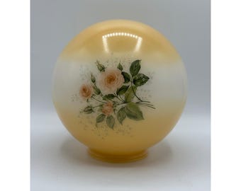 Vintage 8" Tall Milk Glass Lamp Shade Globe Amber White Floral Roses 4" Fitter