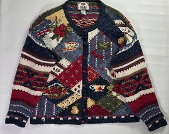 TIARA INTERNATIONAL Sz M Patchwork Rose Teapot Knit Cardigan Sweater Medium