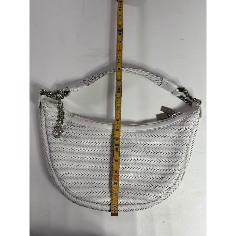 Donald J Pliner White Woven Leather Hobo Shoulder Bag Silver Chain Zip Top image 5