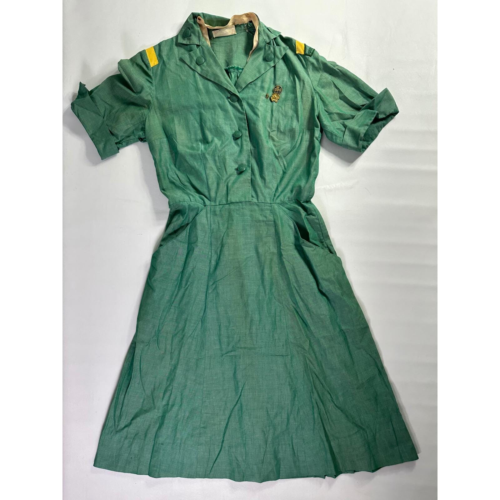 Vintage Girls Official Girl Scouts Uniform Dress Green Cotton Short Sleeve