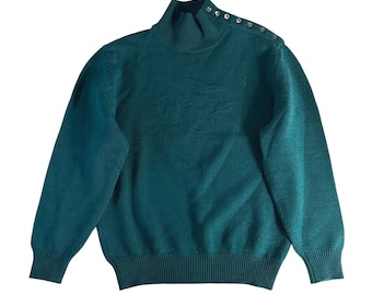 Brooks Brothers blauwgroene kamgaren lamswollen trui met knoop en schouderopstaande kraag M