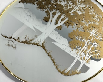 Vintage MCM Gold leaf  Round Wall Mirror Tree Painted Design -20" Signed Retro