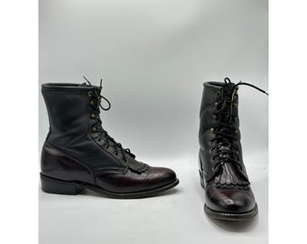 Justin Womens Black Burgundy Leather Lace Up Kiltie Packer Boots Size 9.5