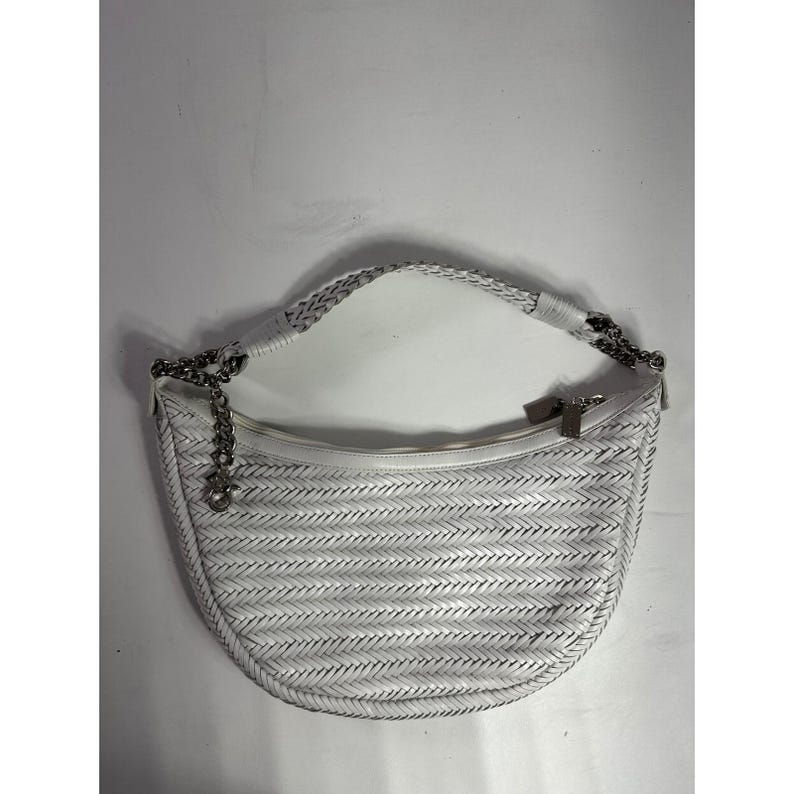 Donald J Pliner White Woven Leather Hobo Shoulder Bag Silver Chain Zip Top image 1