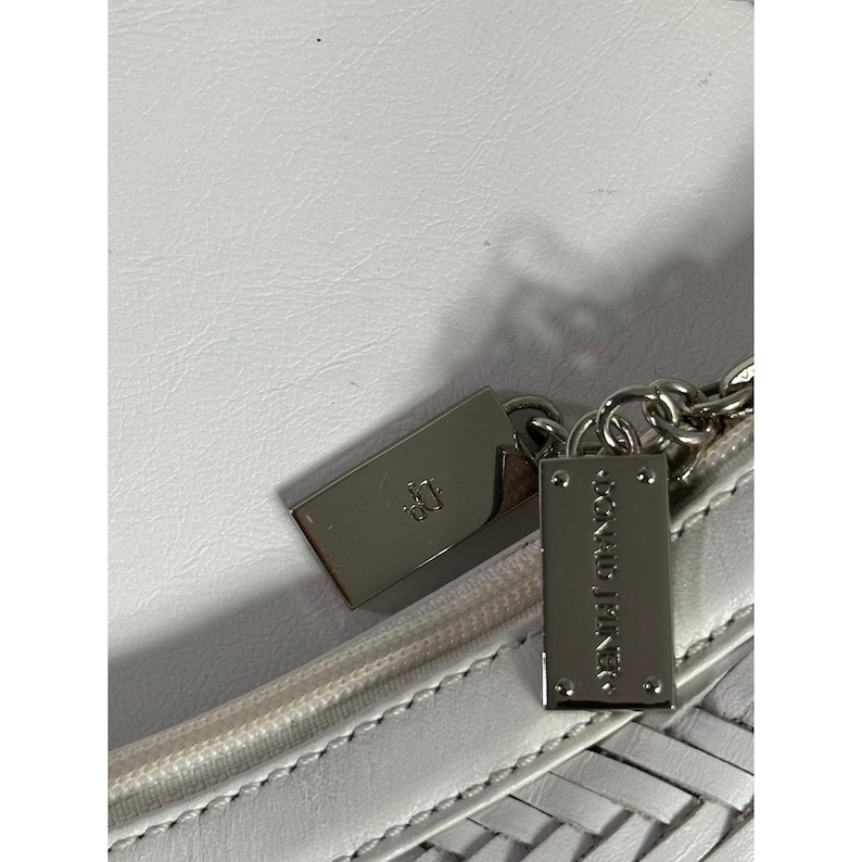 Donald J Pliner White Woven Leather Hobo Shoulder Bag Silver Chain Zip Top image 2