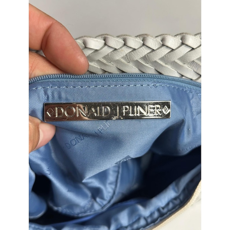 Donald J Pliner White Woven Leather Hobo Shoulder Bag Silver Chain Zip Top image 8