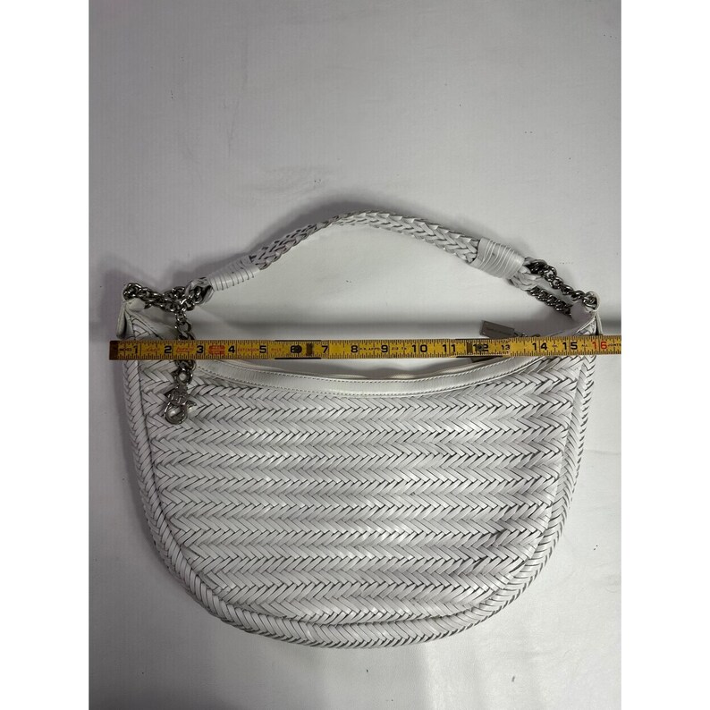 Donald J Pliner White Woven Leather Hobo Shoulder Bag Silver Chain Zip Top image 4
