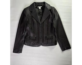 Peter Nygard Black Genuine Leather Cropped Blazer Jacket Size 10 Textured Trim