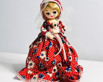 Vintage Big Eye Bradley Style Cloth Doll Red Polka Dot Floral Dress Tulle Veil