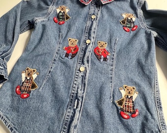 Camiseta vaquera azul con osito de peluche bordado para niñas de At Last Kids Jeanswear, talla 4 S