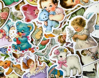 50 slumpmässiga söta retro babyklistermärken, ängelkerubklistermärken, klassiska leksaksklistermärken, vattentäta klistermärken för dagbok, klippbok, barnpyssel
