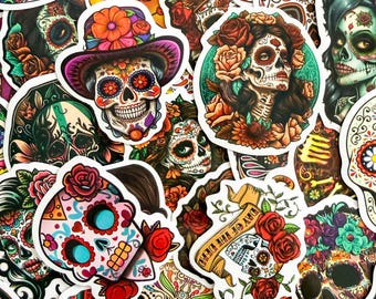50 pegatinas aleatorias de calaveras, pegatinas del Día de los Muertos, pegatinas coloridas de arte de calaveras, pegatinas impermeables para laptop, botella de agua.