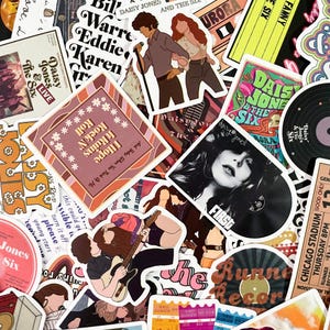 May include: A selection of vintage-inspired stickers with band names, album covers, and concert ticket designs. The stickers display a range of colours, including pink, orange, and black, with text such as "Daisy Jones & The Six" and "Runner Record".