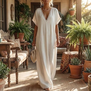 Linen Cotton Lace Trim Maxi Dress Boho Summer Beach Casual Loose Fit Flowy A-Line Long Dress Oversized V-Neck Vintage Style Dress