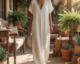 Linen Cotton Lace Trim Maxi Dress Boho Summer Beach Casual Loose Fit Flowy A-Line Long Dress Oversized V-Neck Vintage Style Dress