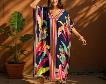 Vibrant Floral Kaftan Dress | Boho Beach Cover Up | Long Flowy Maxi Dress | Resort Wear Summer Tunic Loungewear for Women Plus Size