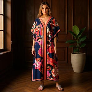 Può includere: Un abito lungo e fluido con scollo a V e maniche corte. L'abito presenta un vivace motivo floreale nei toni del rosa, rosso e arancione su sfondo blu navy. Ha una striscia verticale centrale e finiture nere.