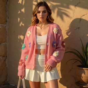 チャンキーフラワーカーディガン | レディースフローラルニットセーター | オーバーサイズ3DアップリケコテージコアVネックカーディガン | Y2K風ボヘミアンニットウェア