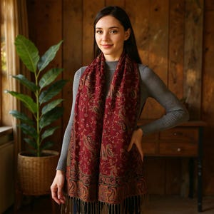 May include: A burgundy scarf with a paisley pattern and fringe. The scarf has a detailed design with gold and black accents. The scarf is draped over the shoulders.