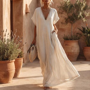 Vestido largo de lino y algodón con ribete de encaje, estilo bohemio, veraniego, playero, informal, holgado, corte en A, escote en V extragrande, estilo vintage.
