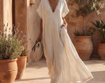 Boho Summer Maxi Dress V-Neck Loose Fit Flowy A-Line Beach Dress Oversized Vintage Style Dress
