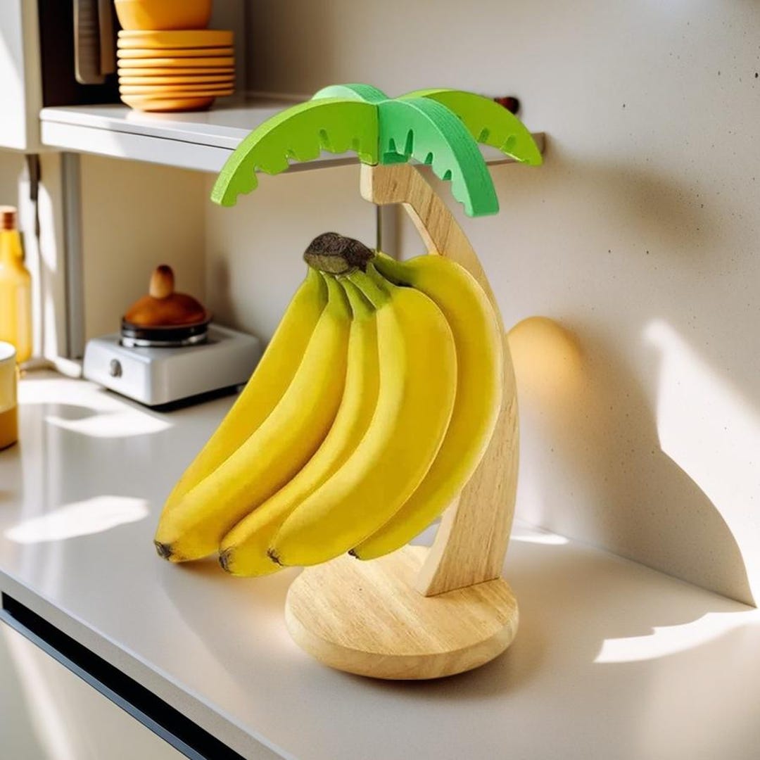 Wooden Banana Rack Hanging Kitchen Fruit Storage With Decorative Leaf ...