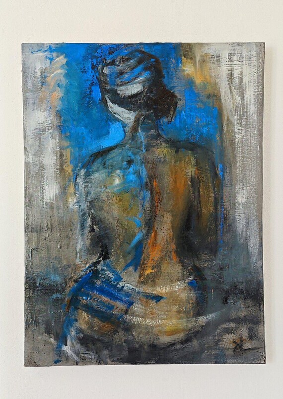 Blue Figurative Oil and Chalk Canvas Painting, Introspective Art for Home Decor and Serenity