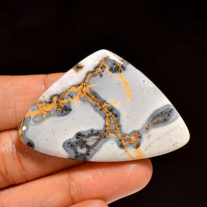 May include: A triangular-shaped gemstone with a white base, featuring intricate patterns of gray, orange, and black veins. The polished surface reflects light, highlighting the natural stone's unique veining and color variations. The gemstone is held in a hand.