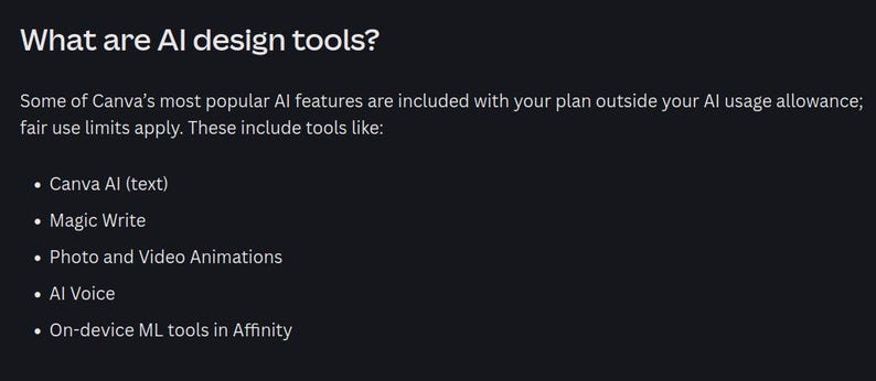 Pode incluir: Fundo escuro com texto branco. O t&iacute;tulo &eacute; "What are AI design tools?" seguido de uma lista de ferramentas de IA, incluindo Canva AI, Magic Write, Photo and Video Animations, AI Voice e On-device ML tools in Affinity.
