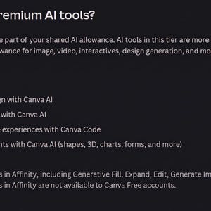 Pode incluir: Num fundo escuro, o texto "What are Premium AI tools?" &eacute; exibido, seguido por uma lista de recursos como Magic Layers, gera&ccedil;&atilde;o de design com Canva AI e experi&ecirc;ncias interativas com Canva Code. O texto descreve ferramentas de IA premium.